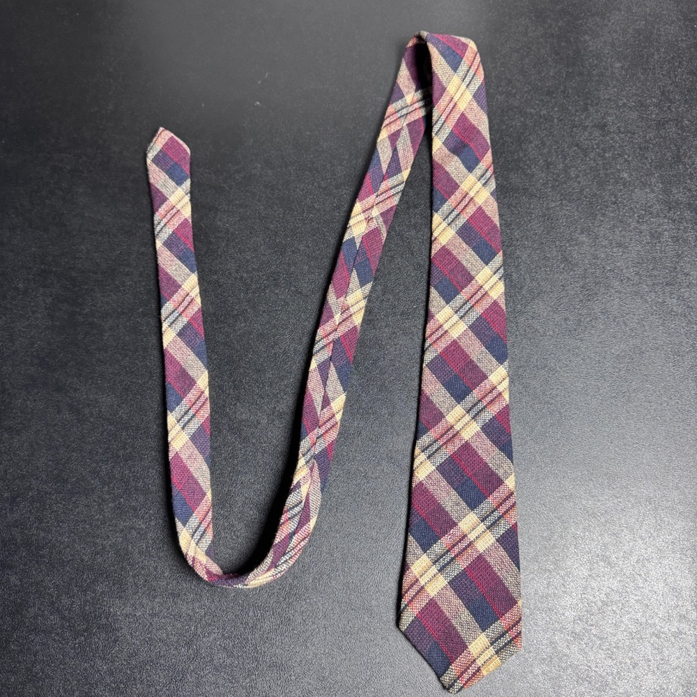 Austin Reed Necktie Mens OS Burgundy Navy Plaid Wool Vintage London Tie